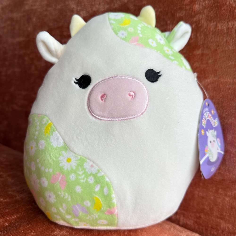 Squishmallows 8 in Ada the Cow with Easter tag and flower and butterfly pattern